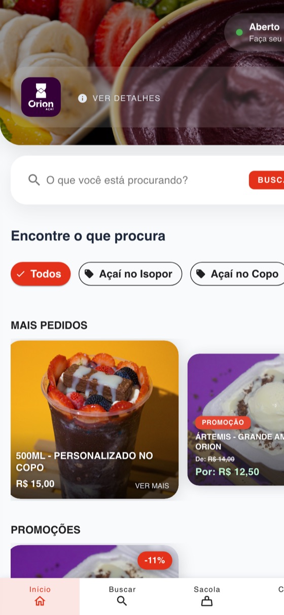 Vitrine da Orion Açaí no Orderfy
